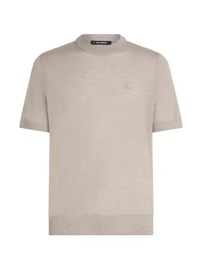 Karl Lagerfeld Logo-embroidered Merino T-shirt In Gray