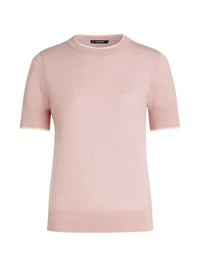 Karl Lagerfeld Logo-embroidered Merino-wool T-shirt In Pink