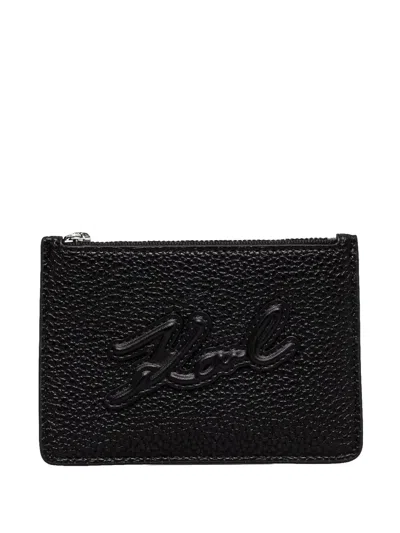 Karl Lagerfeld Logo-embroidered Pebbled Card Holder In Black