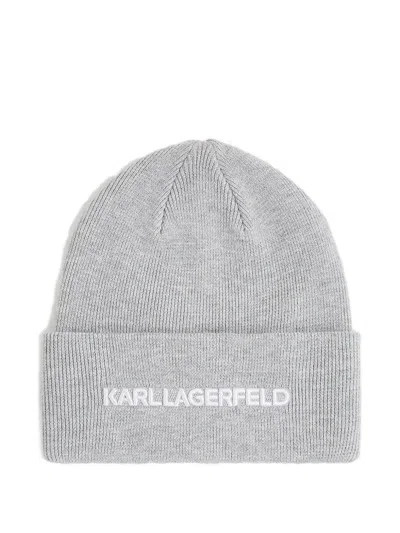 Karl Lagerfeld Logo-embroidered Ribbed Beanie In Gray