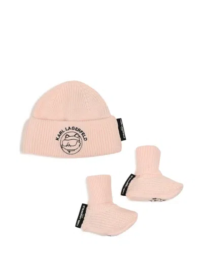Karl Lagerfeld Babies' Logo-embroidered Ribbed Beanie Hat (set Of Two) In Pink