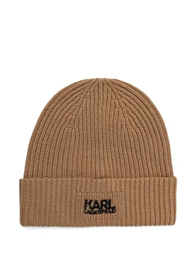 Karl Lagerfeld Logo-embroidered Ribbed-knit Beanie Hat In Brown