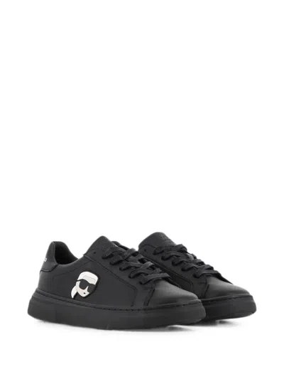 Karl Lagerfeld Kids' Logo-patch Lace-up Leather Sneakers In Black