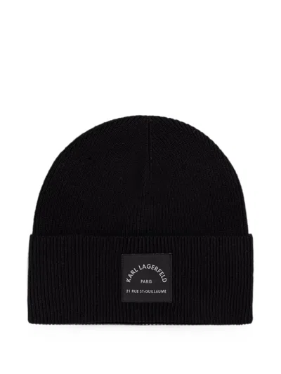 Karl Lagerfeld Logo-patch Ribbed Beanie Hat In Black