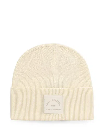 Karl Lagerfeld Logo-patch Ribbed Beanie Hat In Neutrals