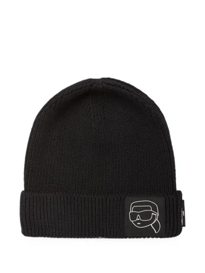 Karl Lagerfeld Kids' Logo-patch Ribbed-knit Beanie Hat In Black