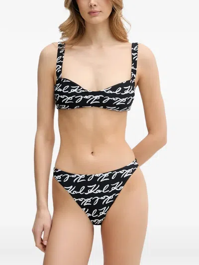 Karl Lagerfeld Logo-pattern Bikini Top In Black