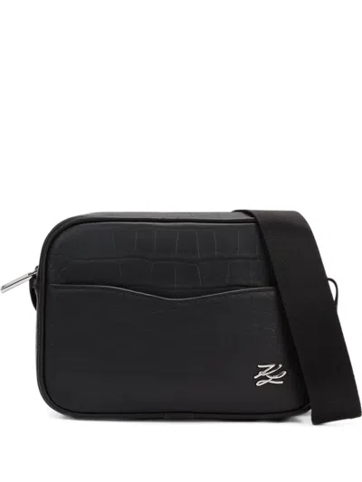 Karl Lagerfeld Logo-plaque Croc-effect Messenger Bag In Black