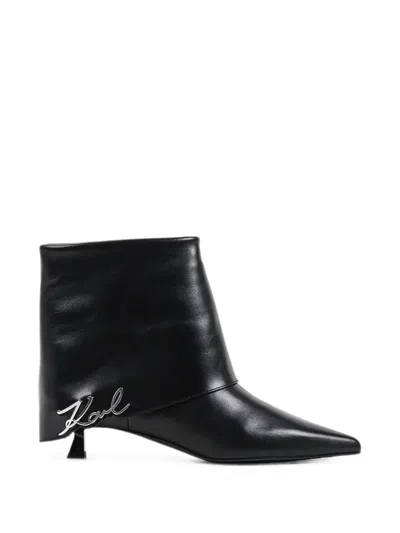 Karl Lagerfeld Logo-plaque Pointed-toe Ankle Boots In Black