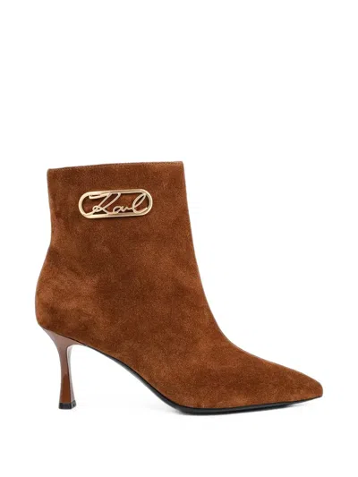 Karl Lagerfeld Logo-plaque Suede Ankle Boots In Brown