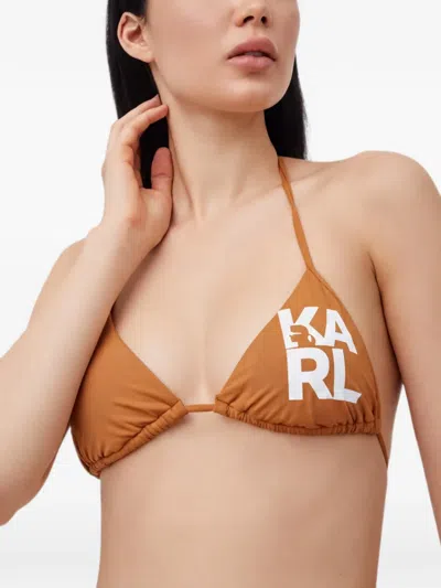 Karl Lagerfeld Logo-print Triangle Bikini Top In Brown
