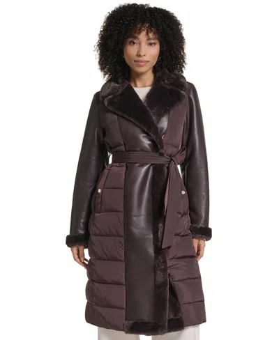 Karl Lagerfeld Long Belted Puffer Coat In Brown