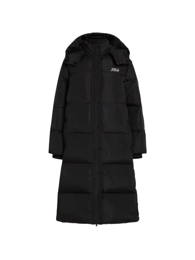 Karl Lagerfeld Long Hooded Puffer Jacket In Black