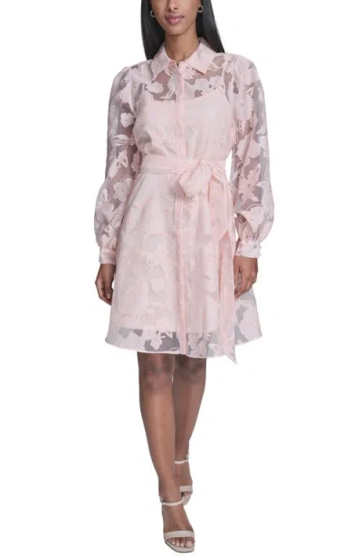 Karl Lagerfeld Long Sleeve Floral Organza Shirtdress In Pink