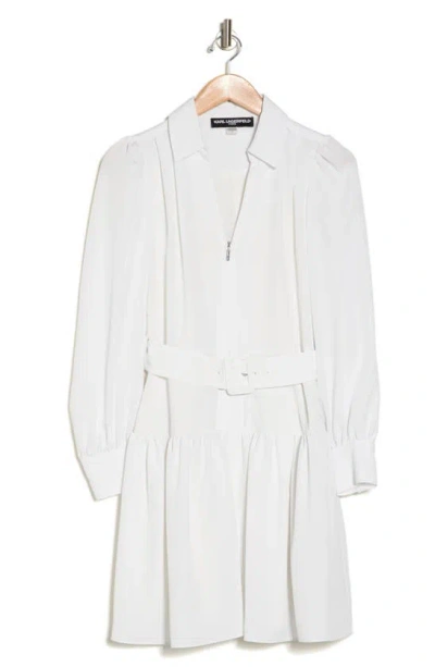 Karl Lagerfeld Long Sleeve Silky Crepe Mini Shirtdress In Soft White
