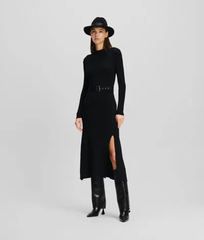 Karl Lagerfeld Long-sleeved Belted Knit Dress In Black