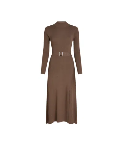 Karl Lagerfeld Long-sleeved Belted Knit Dress In Brown