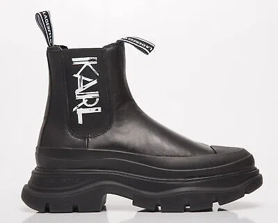 Pre-owned Karl Lagerfeld Luna Art Deco Gore Boot Women's Black Leather Mono Lifestyle Shoe