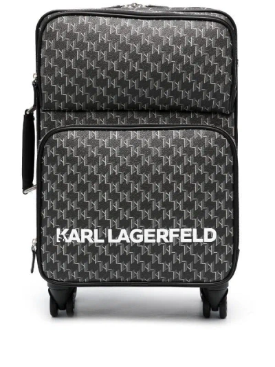 Karl Lagerfeld Luxurious All-over Logo Trolley For The Fashionable Traveler In Black