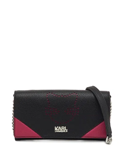 Pre-owned Karl Lagerfeld Medium Cat-detail Wallet-on-strap In Black
