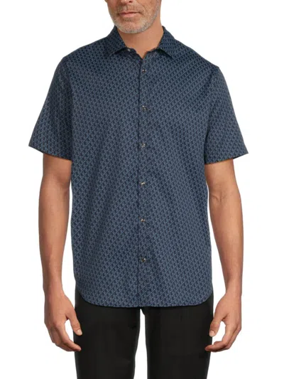 Karl Lagerfeld Men's All Over Logo Cotton-blend Button-front Shirt In Blue