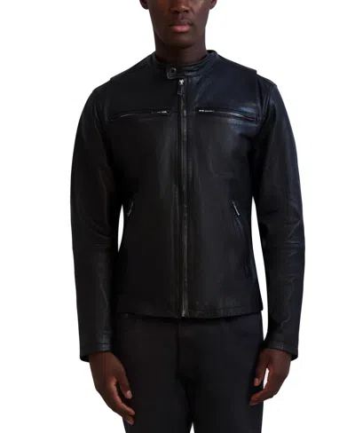 Karl Lagerfeld Men's Band-collar Distressed Leather Jacket In Black