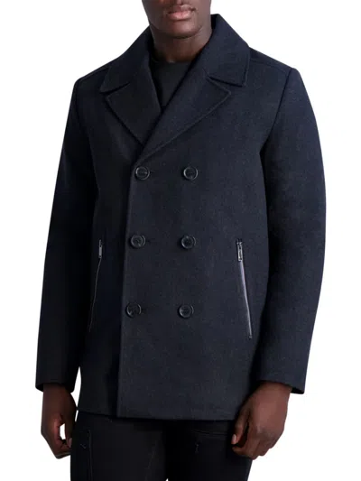 Karl Lagerfeld Men's Double Breasted Wool Blend Peacoat In Charcoal