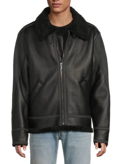 Karl Lagerfeld Men's Faux-fur Lined Faux Leather Flight Jacket In Black