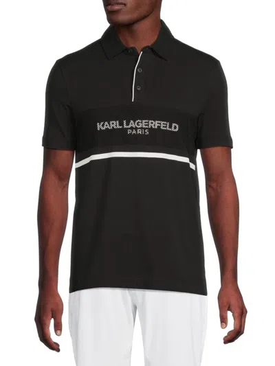 Karl Lagerfeld Men's Mesh-panel Stretch Cotton Polo Shirt In Black
