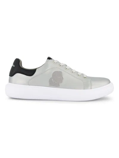Karl Lagerfeld Men's Metallic Leather Sneakers With Embroidered Karl Profile In Silver