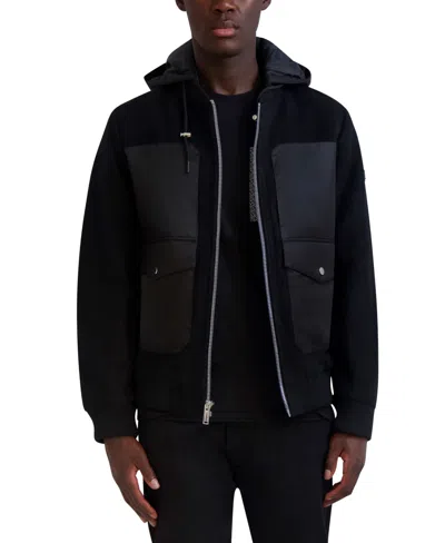 Karl Lagerfeld Men's Mixed-media Hooded Bomber Jacket In Black