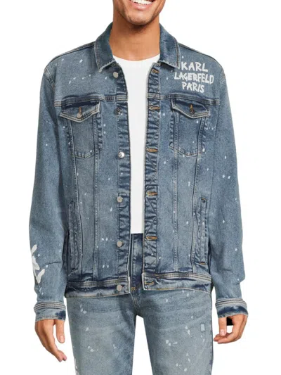 Karl Lagerfeld Men's Paint Splatter Logo Denim Jacket In Blue