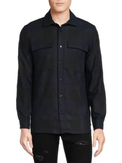 Karl Lagerfeld Men's Plaid Cargo Pocket Wool Blend Button Down Shirt In Blue Black