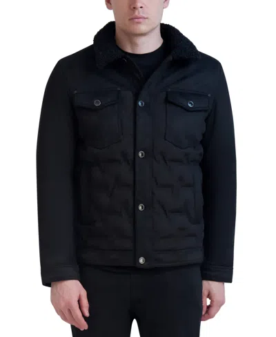 Karl Lagerfeld Men's Quilted Faux Fur Trim Trucker Jacket In Black