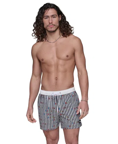 Karl Lagerfeld Men's Regular-fit Quick-dry 5" Swim Trunks With Boxer Brief Liner In Stripe