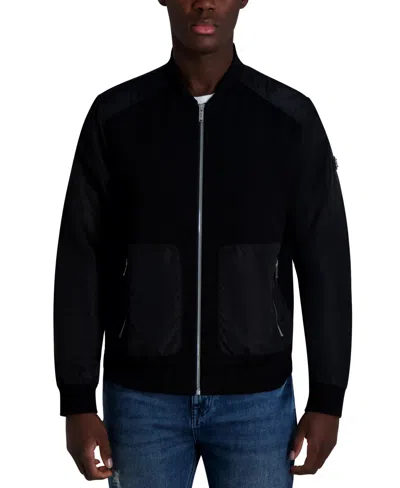 Karl Lagerfeld Men's Relaxed Fit Zip-front Mixed-media Bomber Jacket In Black