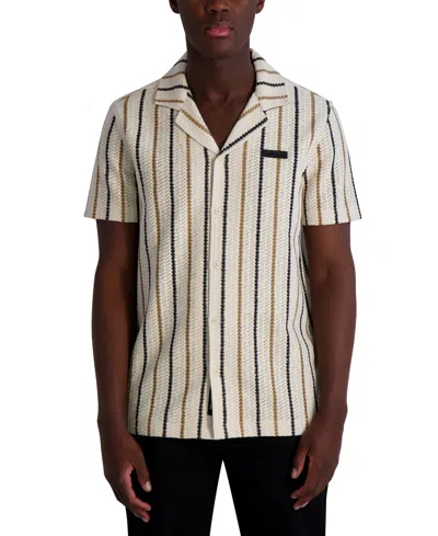 KARL LAGERFELD MEN'S SHORT SLEEVE TEXTURED STRIPED BUTTON-FRONT CAMP SHIRT