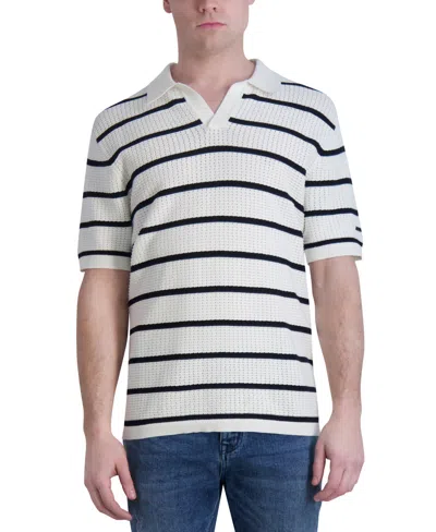 Karl Lagerfeld Men's Slim-fit Crocheted Stripe Polo Shirt In Wht,black