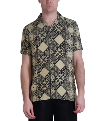 Karl Lagerfeld Men's Slim-fit Geometric Tile-print Button-down Camp Shirt In Tan Multi