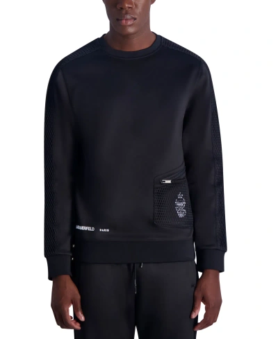 Karl Lagerfeld Men's Slim Fit Long-sleeve Heavyweight Fleece Mesh Trim Sweatshirt, Created For Macy's In Black