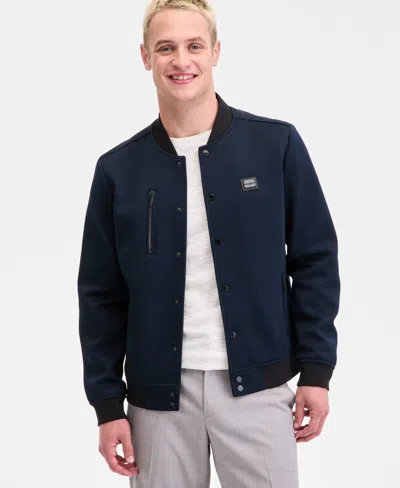 Karl Lagerfeld Men's Textured Varsity Zip Bomber Jacket In Blue
