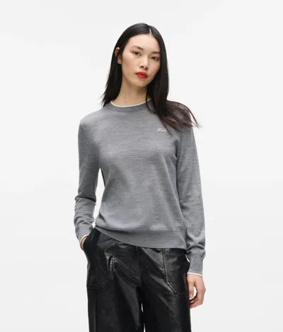 Karl Lagerfeld Merino Wool Crewneck Sweater In Gray