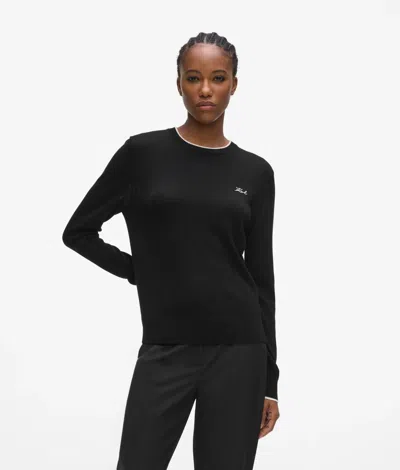 Karl Lagerfeld Merino Wool Crewneck Sweater In Black