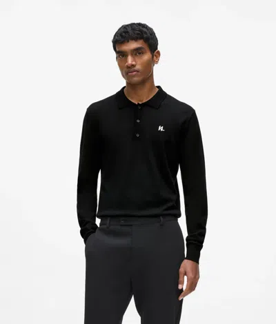 Karl Lagerfeld Merino Wool Long Sleeved Polo Shirt In Black