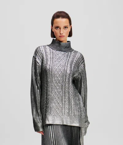 Karl Lagerfeld Metallic Cable Knit Sweater In Gray