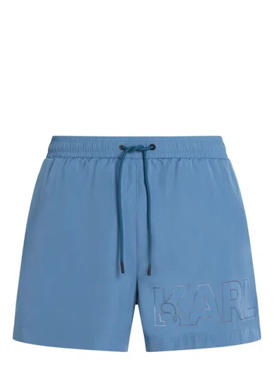 Karl Lagerfeld Metallic Logo-print Swim Shorts In Blue