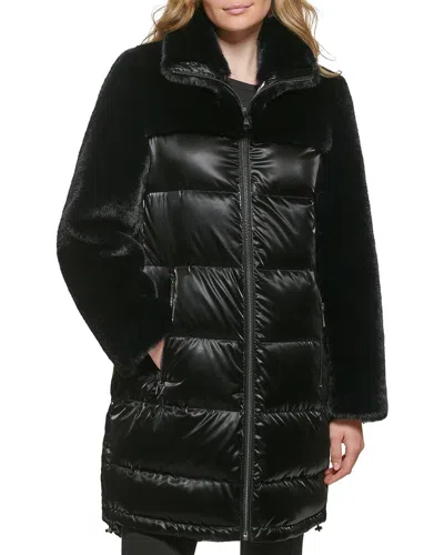 Karl Lagerfeld Mixed Media Puffer Coat In Black