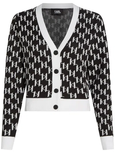 Karl Lagerfeld Kl Monogram Cropped Cardigan In Black