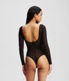 Karl Lagerfeld Monogram Long-sleeved Mesh Bodysuit In Black