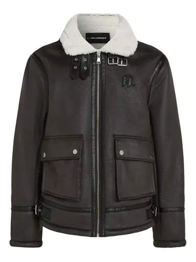 Karl Lagerfeld Monogram Shearling Jacket In Brown